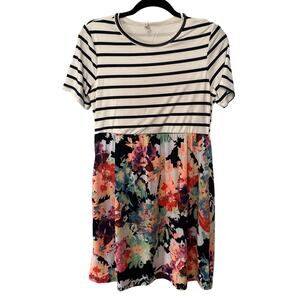 Beeson River Navy White Stripe Floral Watercolor Casual Short Sleeve Dress Large